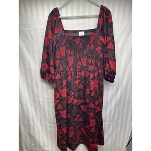 Latino Heritage Month Women's Long Sleeve Midi Red & Black  Floral Dress  2X NEW